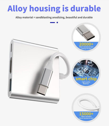 USB C to HDMI+Type-C+USB-A Adapter(3in1)OTG Cable Accessorie TV Digital AV Port Converter Projector Monitor Sync Screen Thunderbolt Charger Splitter 3.0 Mouse Port Adaptador Cord for Samsung Google LG