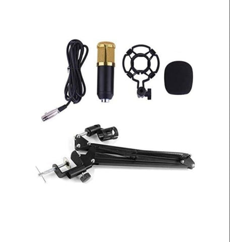 BM-800 condenser microphone with NB-35 stand, ideal for studio recording, broadcasting, and podcasting with 3.5mm connectivity.