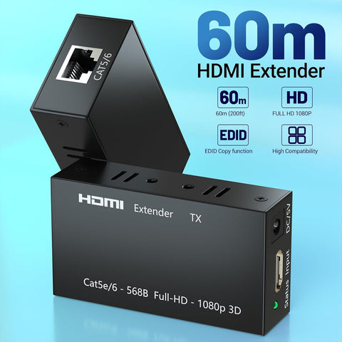 HDMI Extender, 1080P Transmitter and Receiver Up to 60 Meters (196ft), Ethernet Sender Repeater Over Single Cat5e/Cat6/Cat7 Cable, HDMI to RJ45 Converter