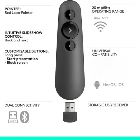 R500 Wireless Laser Pointer Presenation Remote Bluetooth USB Black