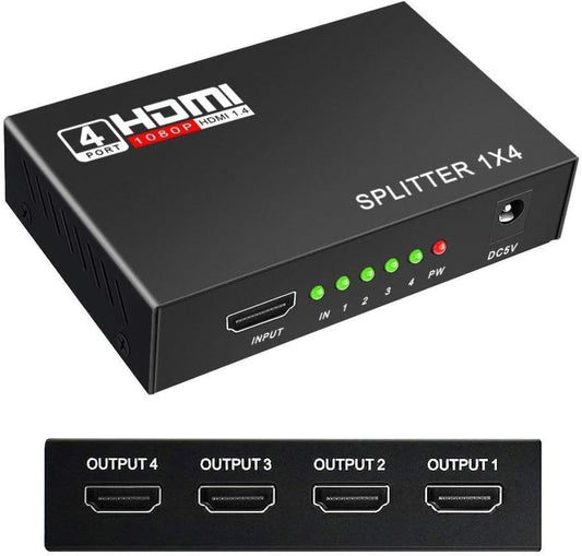 1080P 4 Way HD HUB 1x4 HDMI 3D Splitter Amplifier Switcher Power Black