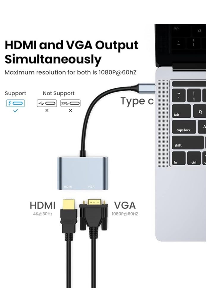 USB-C to HDMI VGA Adapter – 4-in-1 USB Type-C Splitter with HDMI, VGA, and USB 3.0