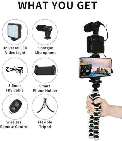 PLOKAMA - PK-775-5-in-1 Smartphone Video Rig, Camera Mount Stabilizer with LED Light, Microphone, U-Grip Handle - (Black)