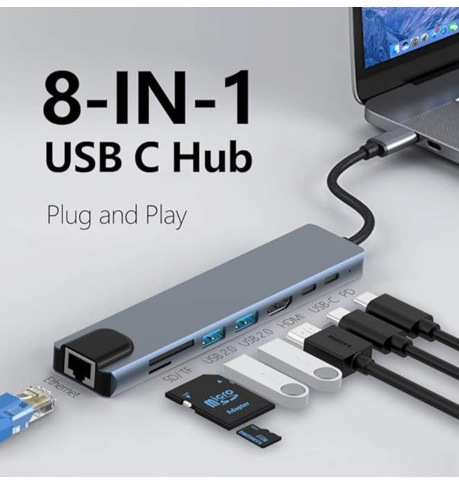 USB-C Hub Docking Station – 8-in-1 Multiport Adapter with 4K HDMI, Ethernet, 100W PD, SD/TF Card Reader, and USB Ports