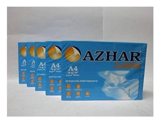 Azhar White Premium A4 Paper 70gsm pack of 5 with 2500 sheets for high-quality printing and copying.