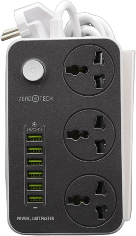 ZEROTECH Multifunctional Power Strip, 3 Power Sockets and 6 USB Ports, 2500W, 10A, Black, with Overcurrent Protection
