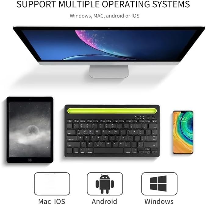 Rechargeable Dual Mode Tablet Keyboard Silent With Mobile Holder, Multi-Devices (BT1, BT2,BT3, 2.4Gh) -10m – IOS/Windows/Android For Smart TV, Tablet (Arabic/Eng. Key) | Black