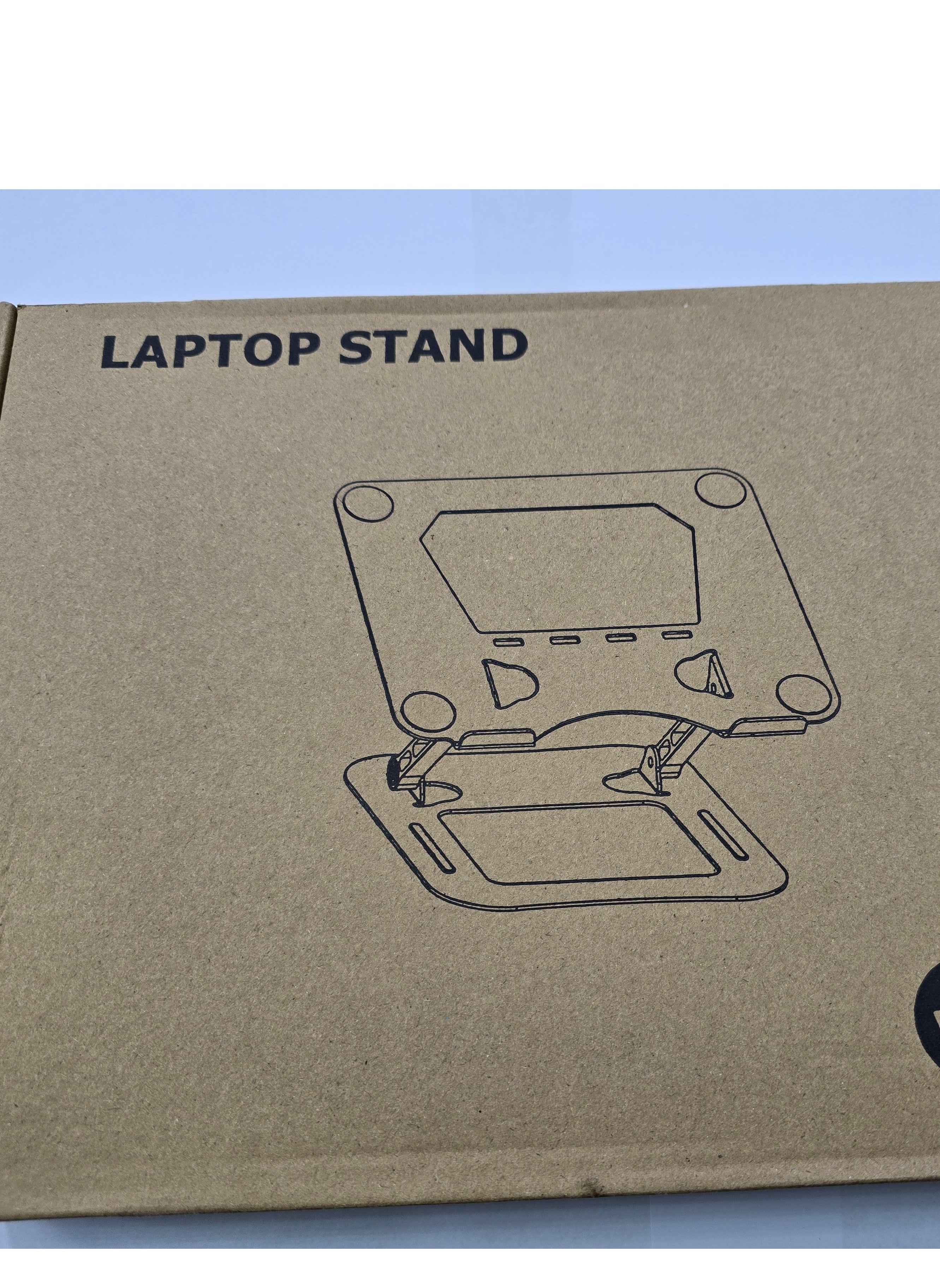 Silver aluminum alloy foldable and adjustable laptop stand, compatible with 14-17 inch laptops, designed for stability and ergonomic support.