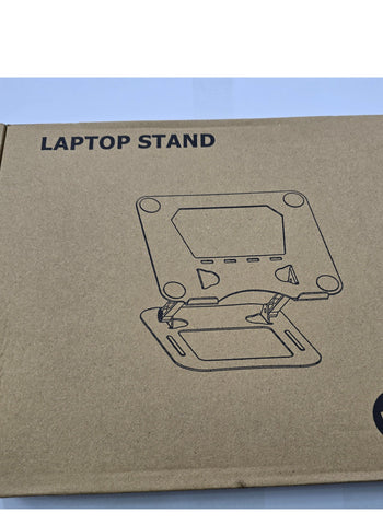 Silver aluminum alloy foldable and adjustable laptop stand, compatible with 14-17 inch laptops, designed for stability and ergonomic support.