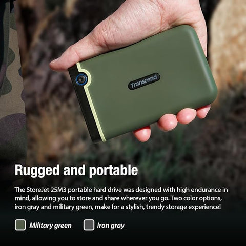 Transcend StoreJet 25M3 2TB Rugged Portable Hard Drive, Military Grade Shockproof, USB-A 3.1 Portable HDD for PC, Mac & Laptop, Military Green TS2TSJ25M3G