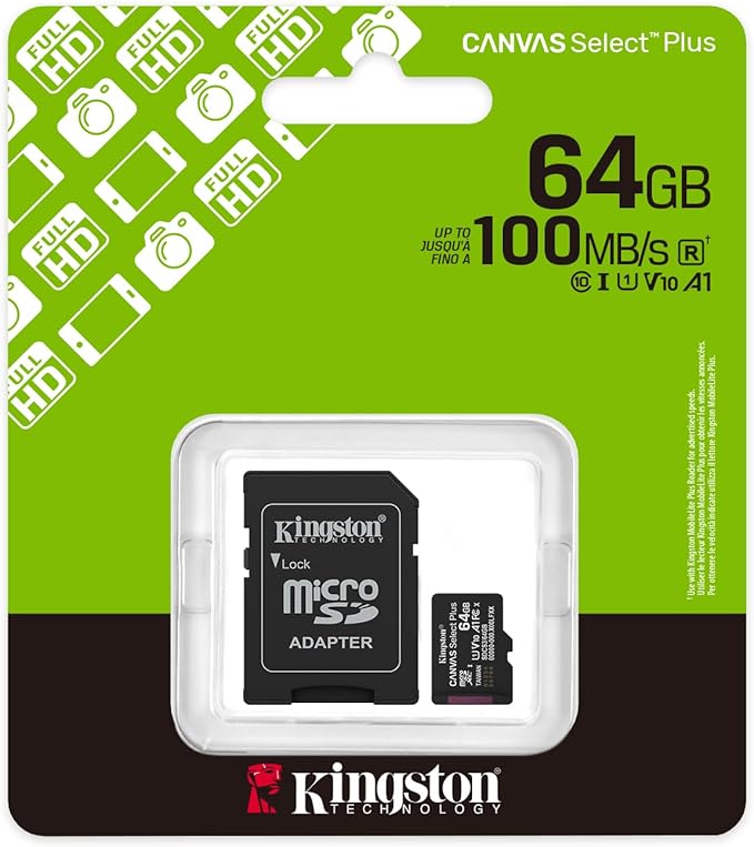 Kingston Canvas Select Plus microSD Memory Card 64GB microSDXC Gen3 100MB/s A1 Card + Adapter - SDCS3/64GB