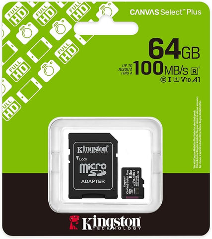 Kingston Canvas Select Plus microSD Memory Card 64GB microSDXC Gen3 100MB/s A1 Card + Adapter - SDCS3/64GB