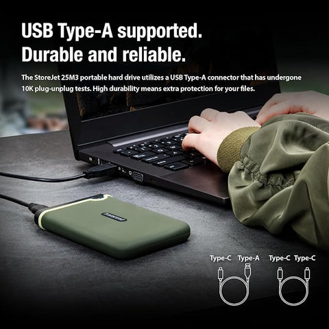 Transcend StoreJet 25M3 2TB Rugged Portable Hard Drive, Military Grade Shockproof, USB-A 3.1 Portable HDD for PC, Mac & Laptop, Military Green TS2TSJ25M3G