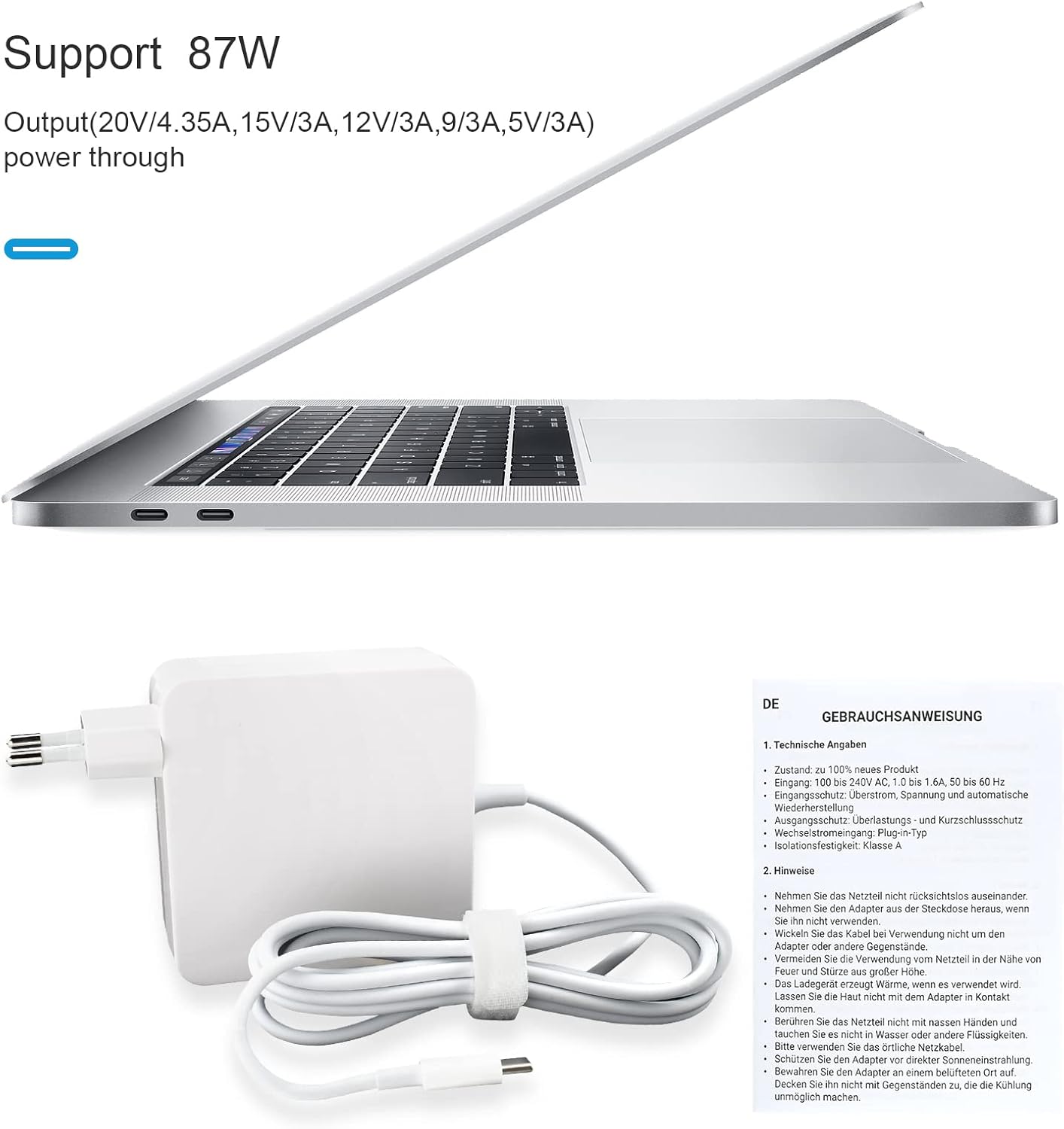87W USB-C Fast Charger with Cable – Compatible with MacBook Pro and Air (2016–2021), Type-C Laptops & Devices