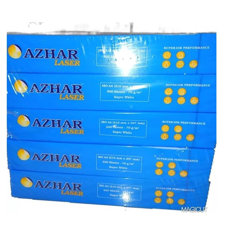 Azhar White Premium A4 Paper 70gsm pack of 5 with 2500 sheets for high-quality printing and copying.