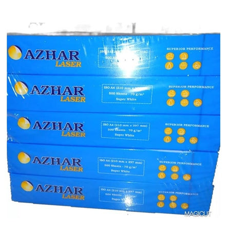Azhar White Premium A4 Paper 70gsm pack of 5 with 2500 sheets for high-quality printing and copying.