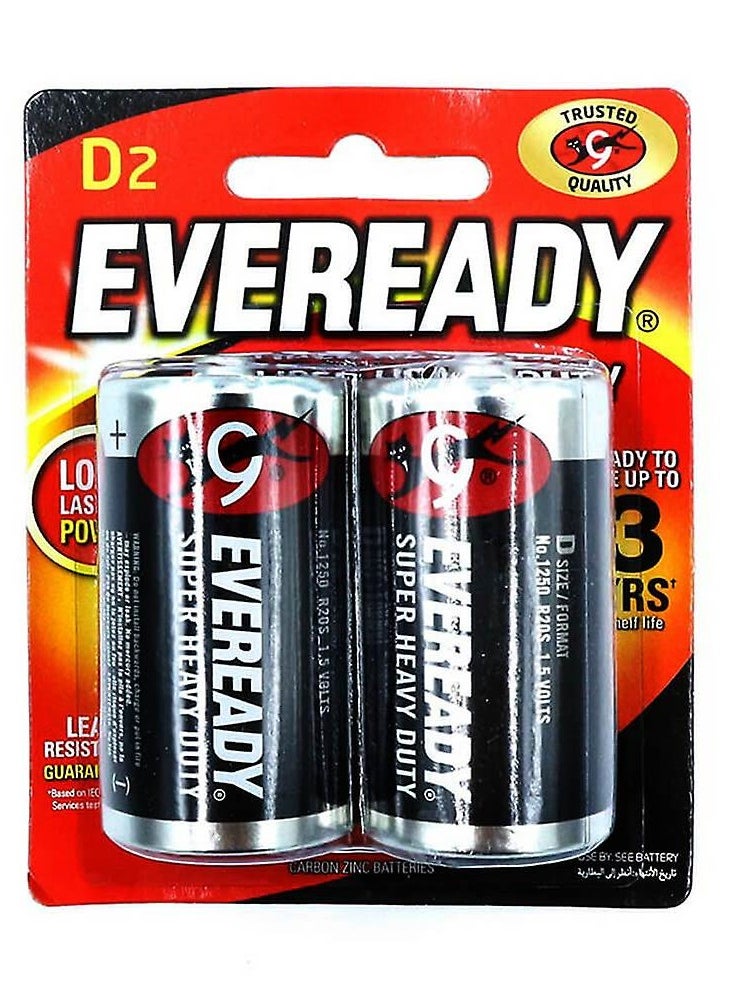 Eveready Heavy Duty R20 D-size batteries, pack of 2, ideal for flashlights, radios, and high-drain devices