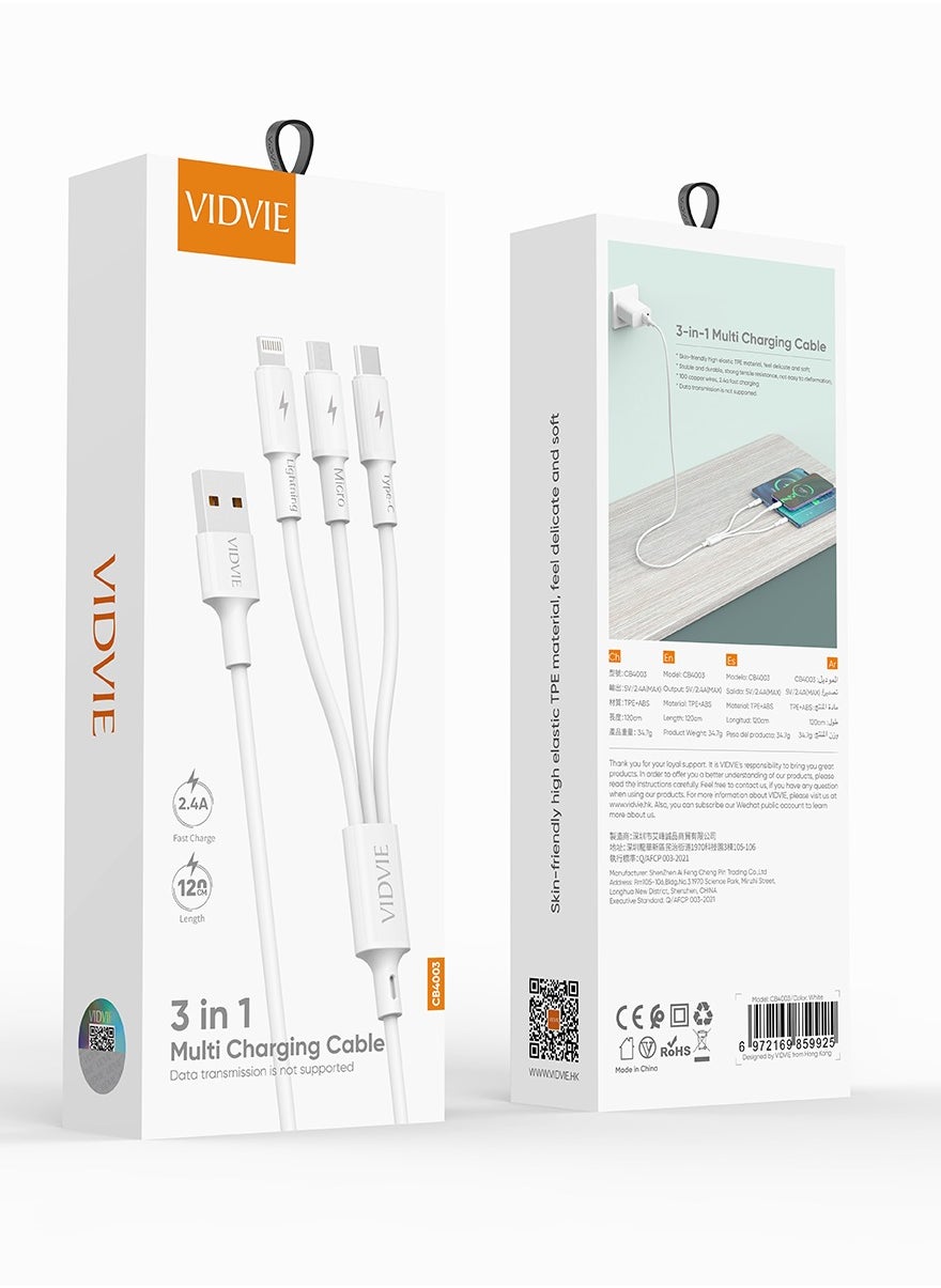 Vidvie CB4003 3-in-1 USB cable with Lightning, Micro-USB, and Type-C connectors, 1.2m length for fast charging and data transfer.
