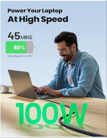 GO-DES 100W Ultra Fast Charging 5A USB-C to USB-C Cable, 2 meters long, nylon braided, compatible with iPhone 15, MacBook, tablets, and Android devices