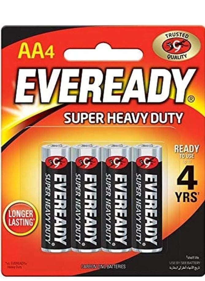 Eveready Super Heavy Duty AA batteries, pack of 4, reliable and long-lasting for household and office devices