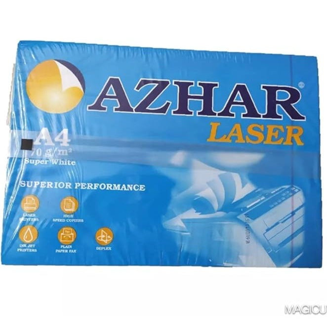 Azhar White Premium A4 Paper 70gsm pack of 5 with 2500 sheets for high-quality printing and copying.