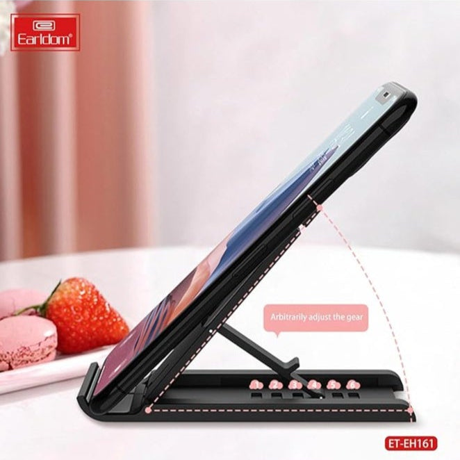 Earldom EH-161 Desktop Adjustable Aluminum Alloy Smartphone Stand with a foldable design, ergonomic viewing angles, and sturdy build, ideal for hands-free phone use