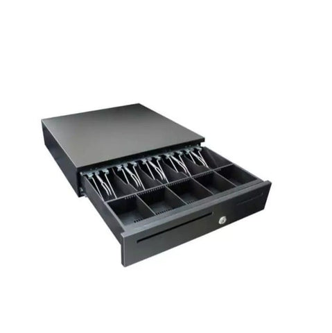 Heavy-duty 8.5 kg cash drawer with five compartments, ideal for secure cash management in retail stores and POS systems.