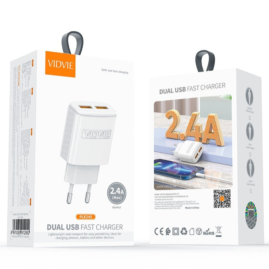 VIDVIE PLE245 Dual USB Charger with Micro USB Cable – Fast & Reliable Charging