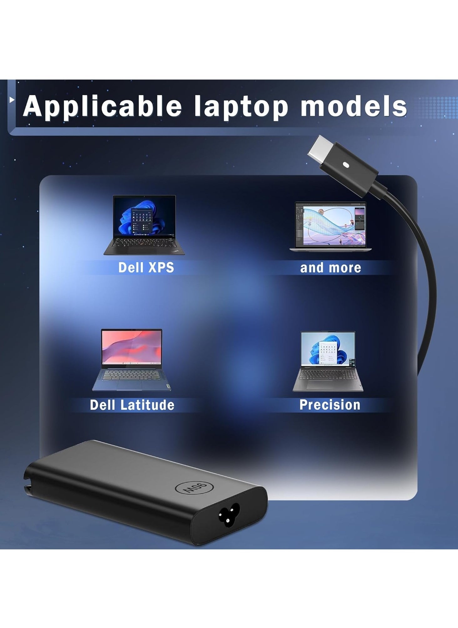 90W USB-C Laptop Charger for Dell Latitude and XPS – Fast Charging Power Adapter with Overcharge Protection, Black
