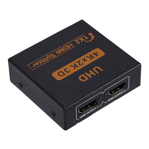 HDMI 1x2 splitter converter with one HDMI input and two HDMI outputs, supporting 4Kx2K resolution and 3D for dual displays, black color