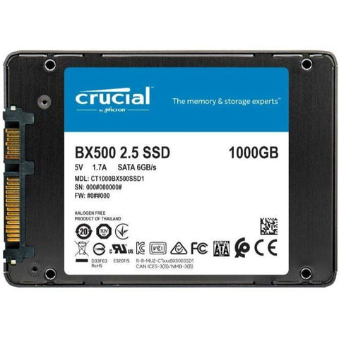 Crucial BX500 1TB SATA 2.5" Internal SSD with 540 MB/s read and 500 MB/s write speeds, designed for laptops and desktops, black color.