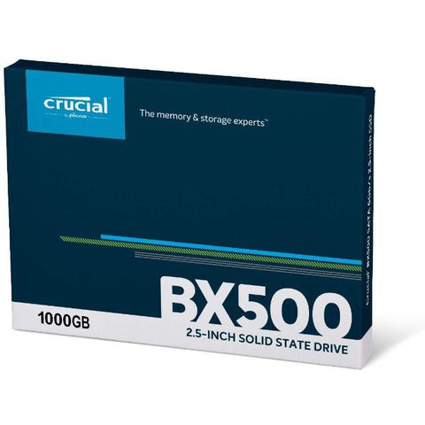 Crucial BX500 1TB SATA 2.5" Internal SSD with 540 MB/s read and 500 MB/s write speeds, designed for laptops and desktops, black color.