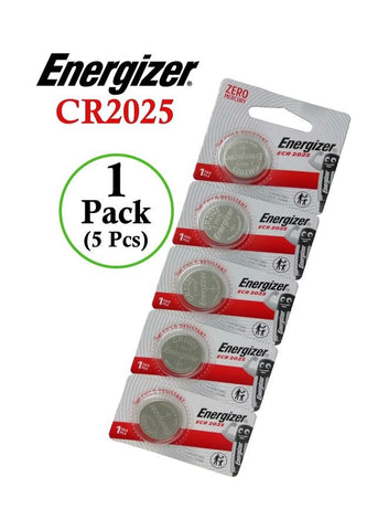 CR2025 Lithium 3V Coin Cell Battery pack of 5, silver, suitable for watches, remotes, and small electronic devices.







