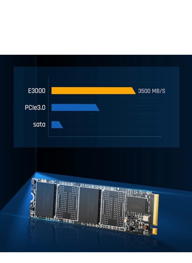 E3000 NVMe PCIe M.2 SSD 256GB with Gen 3x4 interface, 2280 form factor, 3D NAND flash memory, and up to 3500MB/s read speed for high-speed computing and storage expansion