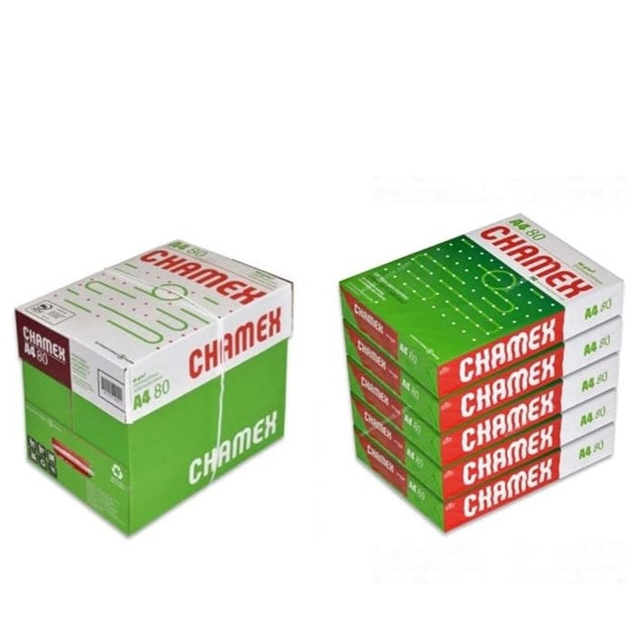 Chamex Copy Paper 80G, Pack of 5 reams, high-quality multipurpose A4 paper for printing and copying.







