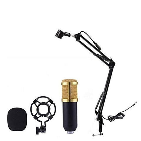 BM-800 condenser microphone with NB-35 stand, ideal for studio recording, broadcasting, and podcasting with 3.5mm connectivity.