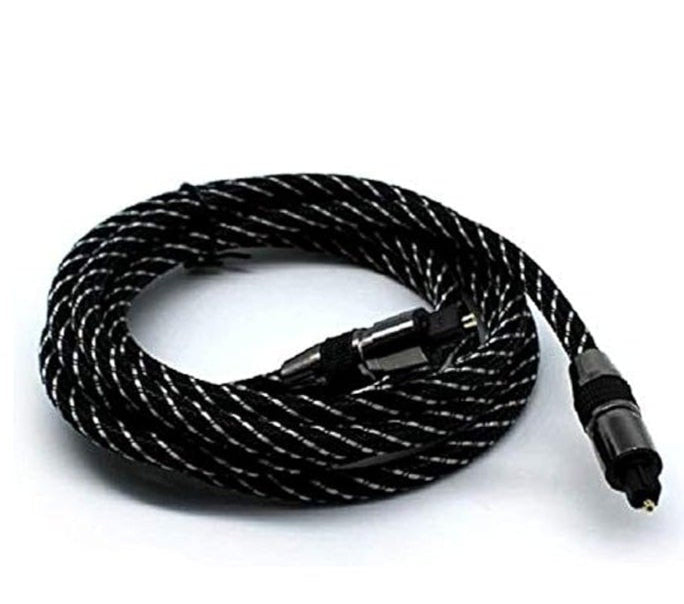Black 5M fiber optic digital audio cable with a 7mm thickness, designed for high-quality sound transmission in home theater systems and gaming setups