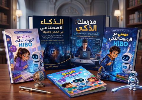 سلسلة كتب الذكاء الاصطناعي لكل جيل | كتب تعليم الذكاء الاصطناعي للأطفال والشباب والكبار | تشمل كتاب رحلتي ومهمتي مع الروبوت HIBO، مدرسك الذكي، والذكاء الاصطناعي في العمل والحياة