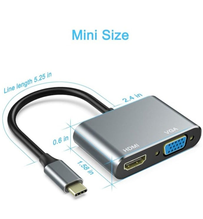 USB-C to HDMI VGA Adapter – 4-in-1 USB Type-C Splitter with HDMI, VGA, and USB 3.0