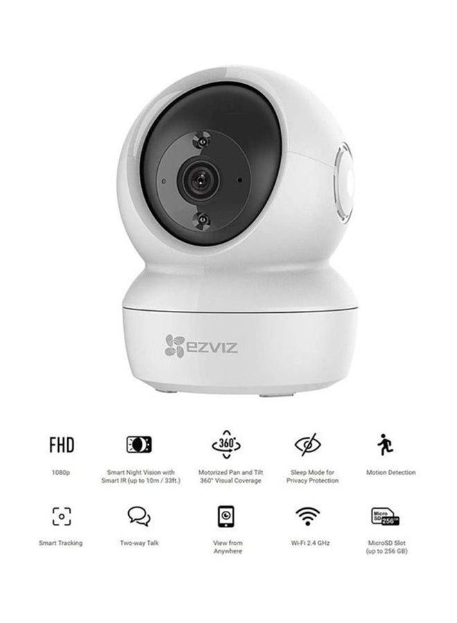 C6N Wi-Fi 2MP 1080P Smart Home Security Camera in white, featuring night vision, motion tracking, and two-way audio for home surveillance.
