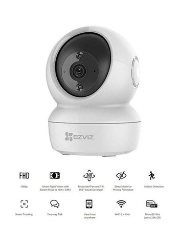 C6N Wi-Fi 2MP 1080P Smart Home Security Camera in white, featuring night vision, motion tracking, and two-way audio for home surveillance.