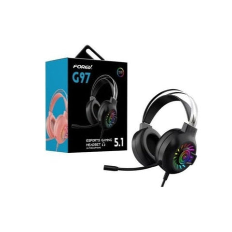 Forev Gaming FV-G97-7X1 headset with RGB lighting, noise-isolating microphone, and cushioned ear pads for an immersive gaming experience