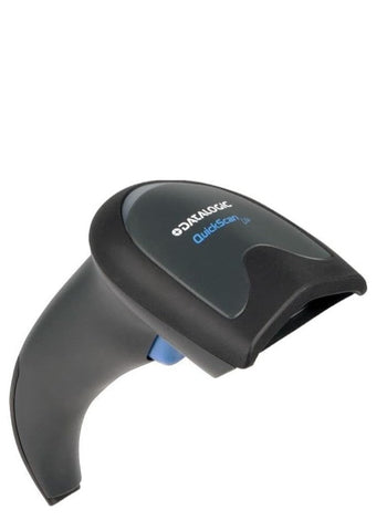 Datalogic QW2120 QuickScan Barcode Scanner with stand, black, ideal for retail, POS, and office barcode scanning.







