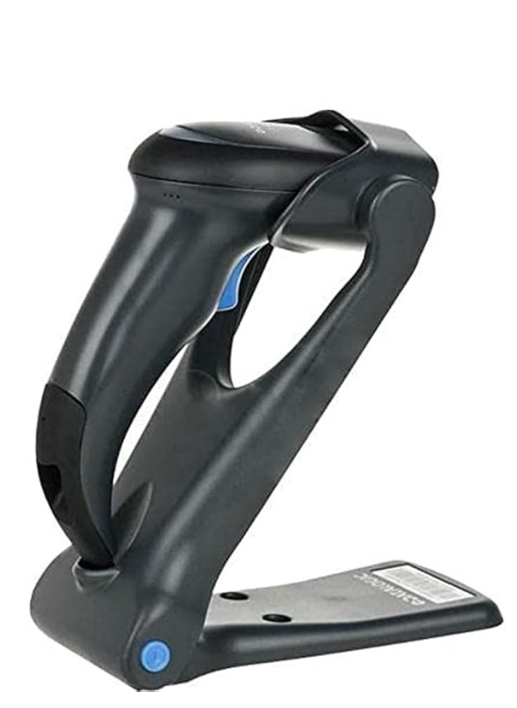 Datalogic QW2120 QuickScan Barcode Scanner with stand, black, ideal for retail, POS, and office barcode scanning.







