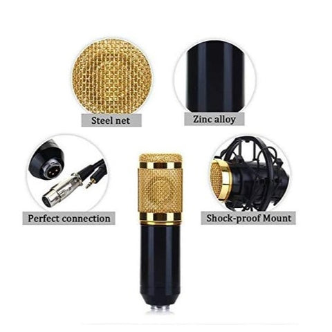 BM-800 condenser microphone with NB-35 stand, ideal for studio recording, broadcasting, and podcasting with 3.5mm connectivity.