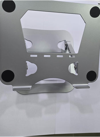 Silver aluminum alloy foldable and adjustable laptop stand, compatible with 14-17 inch laptops, designed for stability and ergonomic support.
