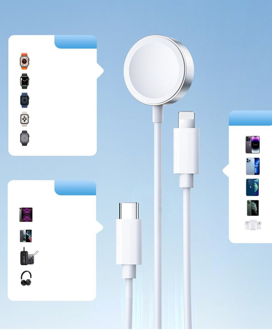 S-IW008 3-in-1 Magnetic Charger with Lightning, Type-C, and iP Watch Charging – 1.2M White