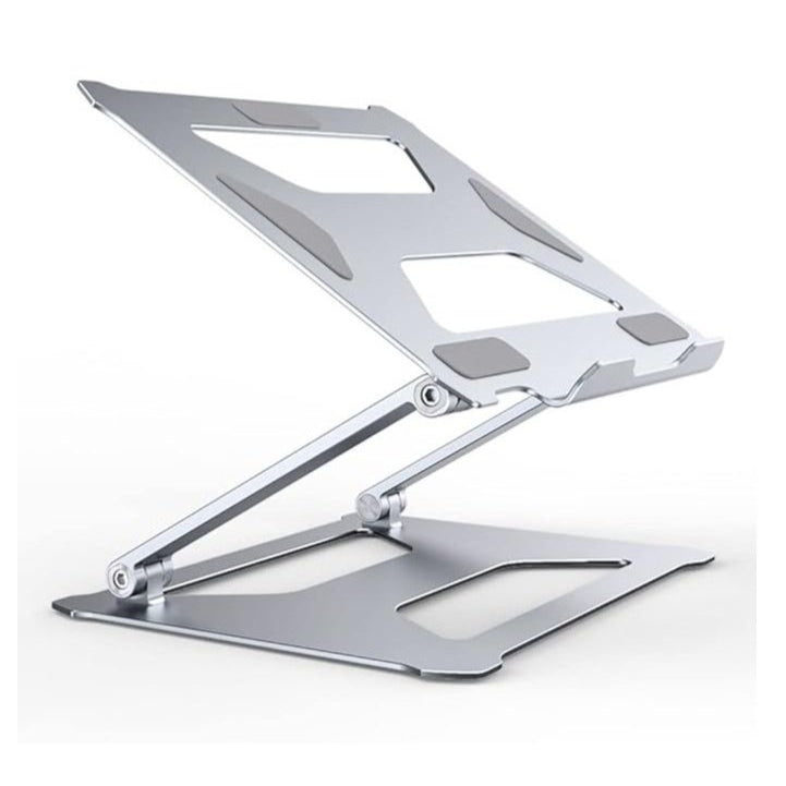 Silver aluminum alloy foldable and adjustable laptop stand, compatible with 14-17 inch laptops, designed for stability and ergonomic support.